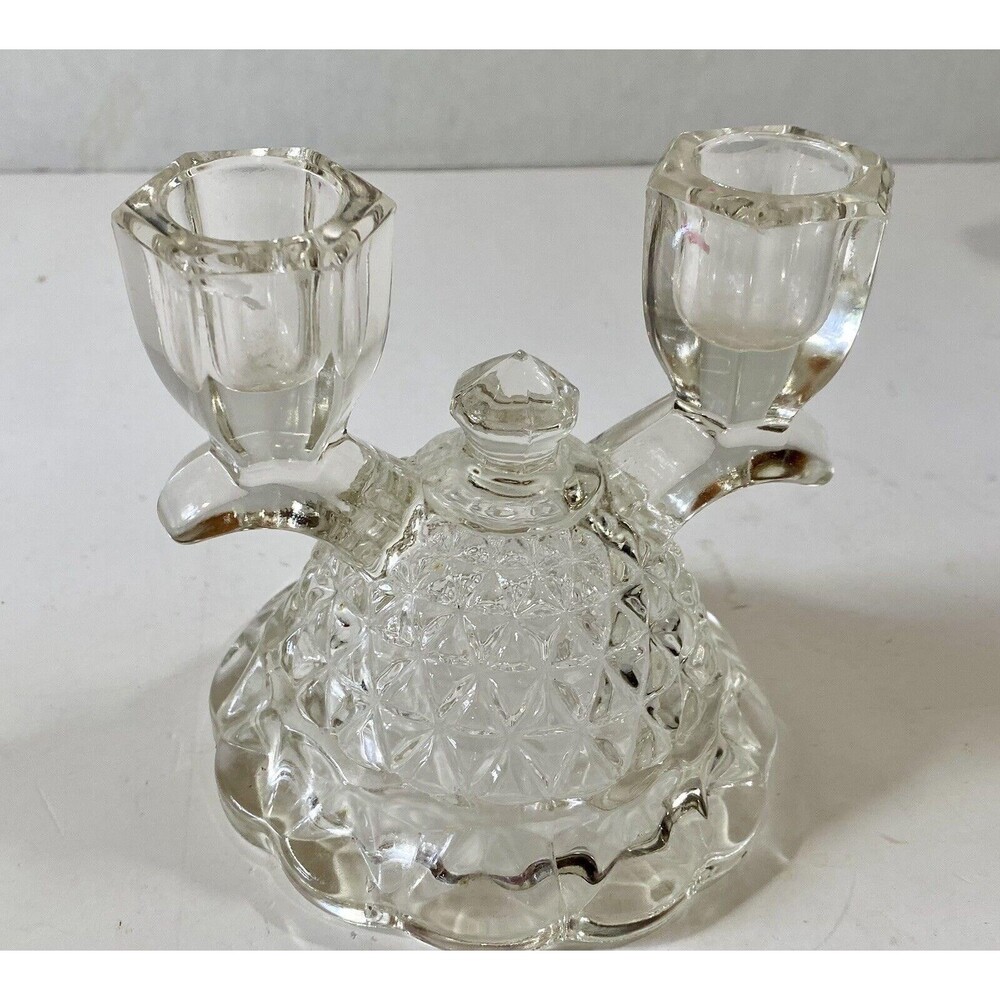 Pair Candle Holders Candlesticks Glass DblFaceted Bell Base Vintage Pair Crystal